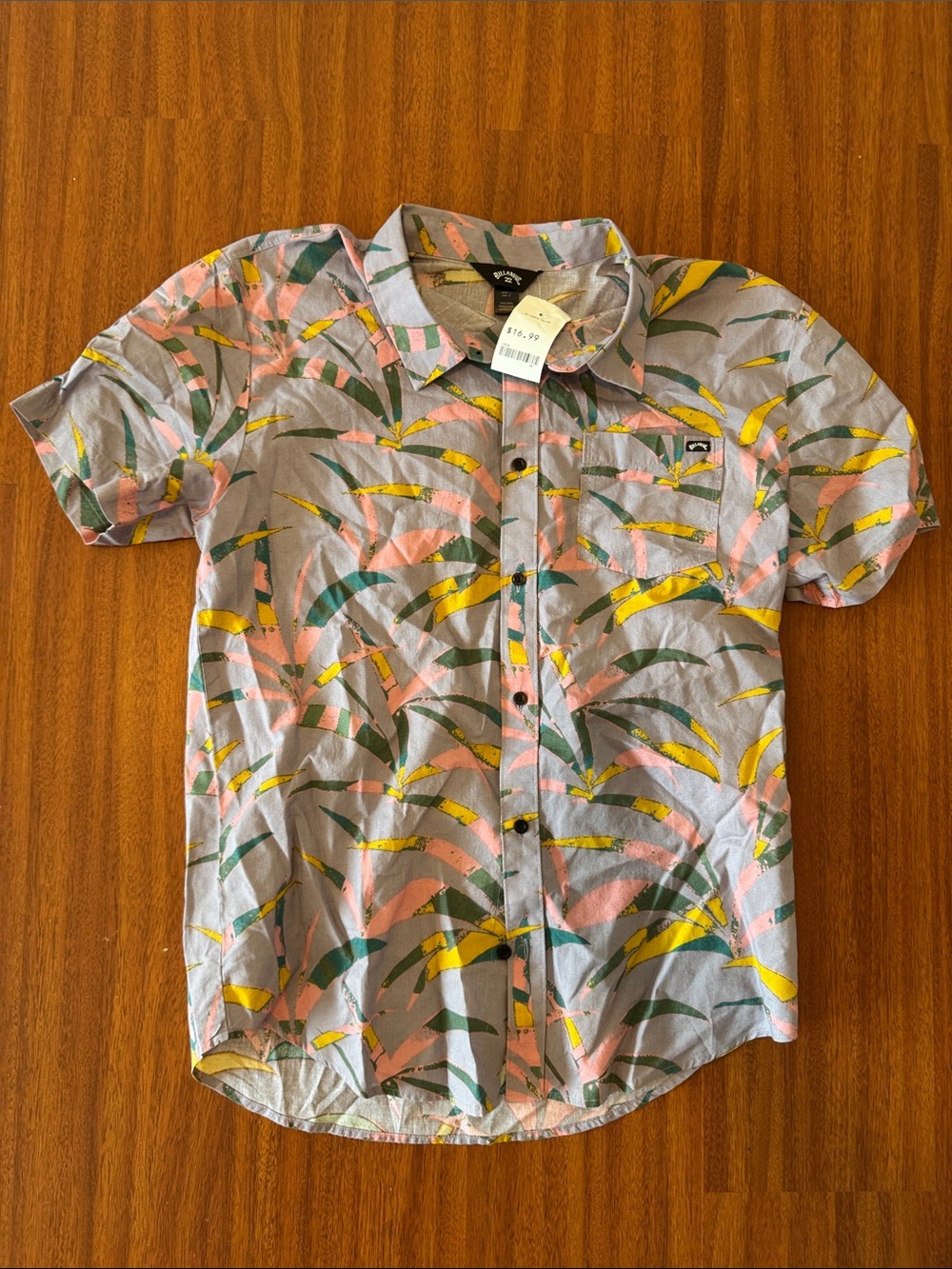 Billabong Short-Sleeve Button-Down Shirt - Gray, Pink & Yellow